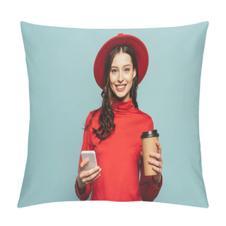 Personality  Cheerful Stylish Girl Using Smartphone While Holding Coffee To Go Isolated On Blue Pillow Covers