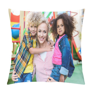 Personality  Selective Focus Of Little African American Child With Friend And His Mother At Playground Pillow Covers