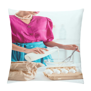 Personality  Cropped View Of Smiling Pin Up Girl Adding Milk From Bottle To The Ingredients For Making Dough Pillow Covers