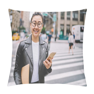 Personality  Half Length Portrait Of Cute Emotional Asian Woman In Eyewear Spending Leisure Time Walking At Summer Urban Setting.Pretty Smiling Female Person Looking At Camera While Downloading App On Phone Pillow Covers