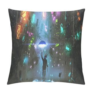 Personality  Sci-fi Scene Showing The Man Holding A Magic Umbrella Destroying Futuristic City, Digital Art Style, Illustration Painting Pillow Covers