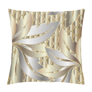 Personality  Luxury Textured 3d Gold Silver Baroque Vector Seamless Pattern. Ornamental Surface Grid Lattice Striped Background. Repeat Floral Leafy Backdrop. Antique Style Modern Baroque Ornament. Vintage Leaves Pillow Covers