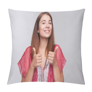 Personality  Esthetic Close-up Shot Of Young Caucasian Woman Showing Joyful, Sincere, Happy Feelings. Gorgeous Successful Lady In Beautiful Dress Smiling At Camera With Confident Look, Posing On Grey Studio Wall. Pillow Covers