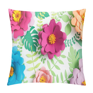 Personality  Top View Of Pink, Purple, Orange, Blue Paper Flowers And Green Leaves On White Background Pillow Covers