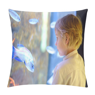 Personality  Little Boy Watches Fishes In Aquarium. Child Exploring Nature. Elementary Student Is On Excursion In Seaquarium. Biology Lessons. Pillow Covers