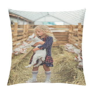 Personality  Adorable Kid Hugging Goat At Farm Pillow Covers