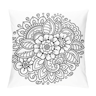 Personality  Outline Round Flower Pattern In Mehndi Style For Coloring Book Page. Antistress For Adults And Children. Doodle Ornament In Black And White. Hand Draw Vector Illustration. Pillow Covers