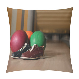 Personality  Shoes And Balls On Bowling Lane In Club. Space For Text Pillow Covers