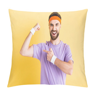 Personality  Excited Man Pointing With Finger At Muscle Isolated On Yellow Pillow Covers