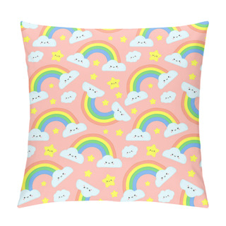 Personality  Cute Rainbow Clouds Seamless Pattern. Pink Starry Sky, Funny Rainbows And Happy Cloud Cartoon Vector Illustration Pillow Covers