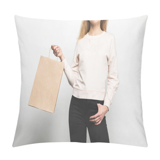 Personality  Cropped Shot Of Woman In Blank Sweatshirt On White With Shopping Bag Pillow Covers