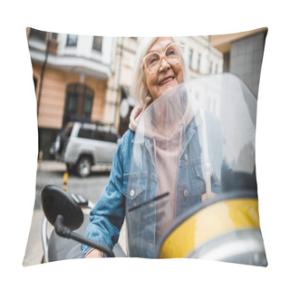 Personality  Cheerful Aged Woman Riding Motorcycle Stock Photo Pillow Covers