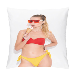 Personality  Young Woman In Swimsuit And Sunglasses Holding Ice Cream In Waffle Cone On White Pillow Covers