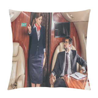 Personality  Flight Attendant Showing Gestures To Handsome Businessman In Suit In Private Plane  Pillow Covers