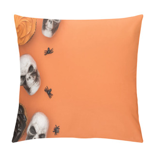 Personality  Top View Of Cupcakes, Decorative Skulls And Spiders On Orange Background With Copy Space Pillow Covers