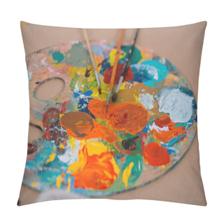 Personality  Close-up Shot Of Oil Painting Palette With Brushes Pillow Covers