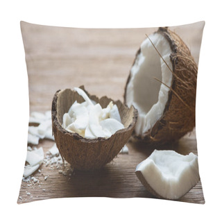 Personality  Selective Focus Of Fresh Tasty Coconut Half Near Flakes In Shell On Wooden Table Pillow Covers