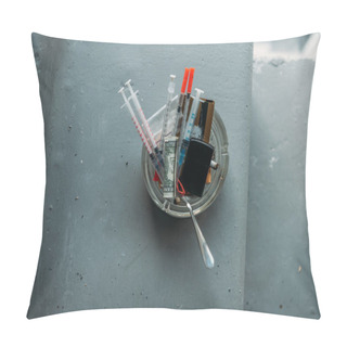 Personality  Top View Of Can With Heroin Syringes And Various Objects Pillow Covers