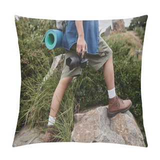 Personality  Travel And Photography Concept, Cropped View Of Man Holding Camera And Walking In Natural Place Pillow Covers