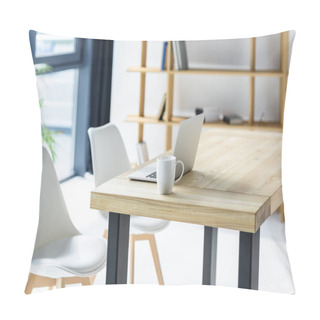 Personality  Laptop And Coffe Cup On Table In Modern Office Pillow Covers