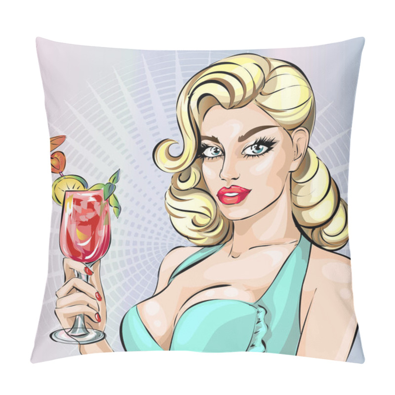 Personality  Pin up sexy bikini model with coctail, summer look woman portrait, vector illustration pillow covers