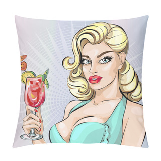 Personality  Pin Up Sexy Bikini Model With Coctail, Summer Look Woman Portrait, Vector Illustration Pillow Covers