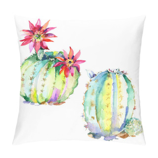 Personality  Green Cactuses With Flowers. Watercolour Drawing Fashion Aquarelle Isolated. Isolated Cacti Illustration Element. Pillow Covers