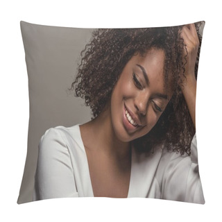 Personality  Young Sensual African American Woman In White Shirt Rests On The Hand Isolated On Grey Background Pillow Covers