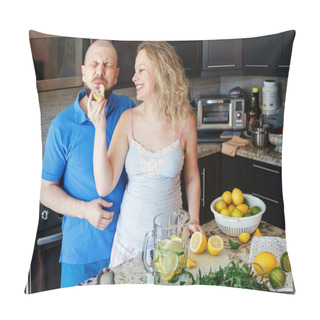 Personality  Portrait Of Smiling Laughing White Caucasian Couple Two People Pregnant Woman With Husband Cooking Food, Eating Citrus Juice In Kitchen, Lifestyle Healthy Pregnancy Happy Life Concept Pillow Covers