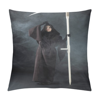 Personality  Full Length View Of Woman In Death Costume Holding Scythe On Black With Smoke Pillow Covers