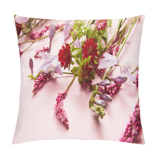 Personality  Close Up View Of Diverse Wildflowers On Pink Background Pillow Covers