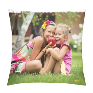 Personality  Cute Sisters Posing With Huge Red Apple Pillow Covers