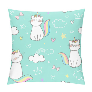 Personality  Seamless Pattern With White Unicorn Cats With Clouds And Stars On Blue Background Pillow Covers
