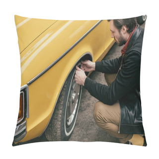 Personality  Cropped Shot Of Handsome Man In Leather Jacket Fixing Wheel Of Yellow Retro Car  Pillow Covers