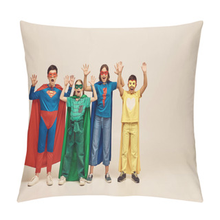 Personality  Courageous Multicultural Kids In Colorful Costumes With Cloaks And Masks Screaming And Raising Hands Together On Grey Background In Studio, Child Protection Day Concept Pillow Covers