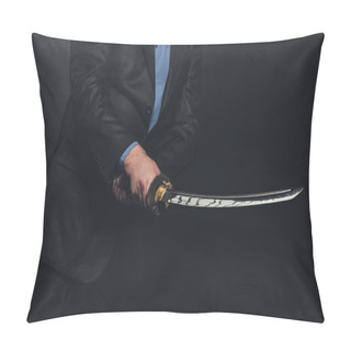 Personality  Cropped Shot Of Man In Suit Holding Japanese Katana Sword On Black Pillow Covers