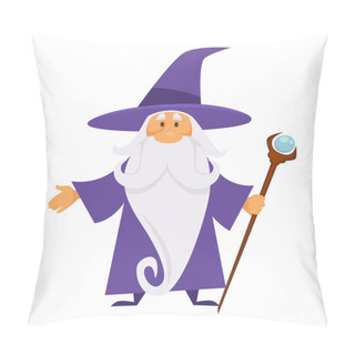 Personality  Wizard, Old Witch Man In Robe, Magician Warlock Isolated Character Vector. Magic Medieval Spelling Sorcerer Merlin, Male Witchcraft, Hat And Mantle. Mystery And Magical Scepter, Elderly With Beard Pillow Covers