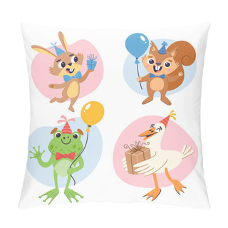Personality  Birthday Animal Set. Cartoon Cute Animals With Gifts, Balloons And Party Hats. Colorful Stickers, Isolated On White Background. A Rabbit, A Squirrel, A Frog And A Duck. Pillow Covers