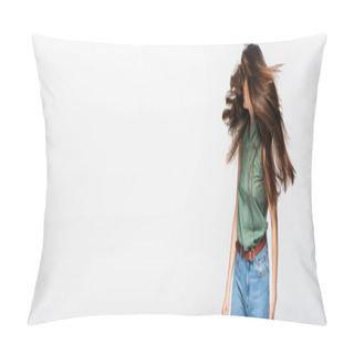 Personality  Young Woman With Shiny Hair Shaking Head Isolated On Grey, Banner Pillow Covers