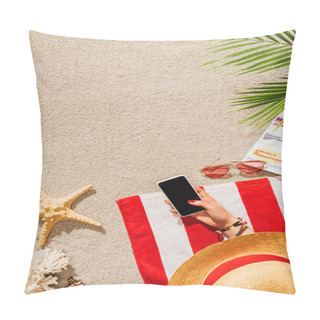Personality  Cropped Shot Of Woman Using Smartphone While Relaxing On Sandy Beach Pillow Covers