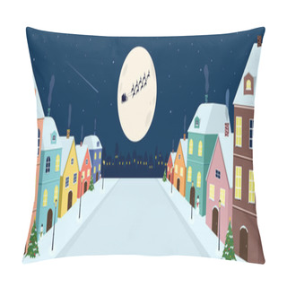 Personality  Merry Christmas Banner Vector Illustration, Sweet Pastel Colorful House With Panorama Road Street In Cute Lovely City Town, Santa Claus Flying In Sleigh With Nine Reindeers On Full Moon Sky Night, Winter Calibration Holiday Background. Pillow Covers