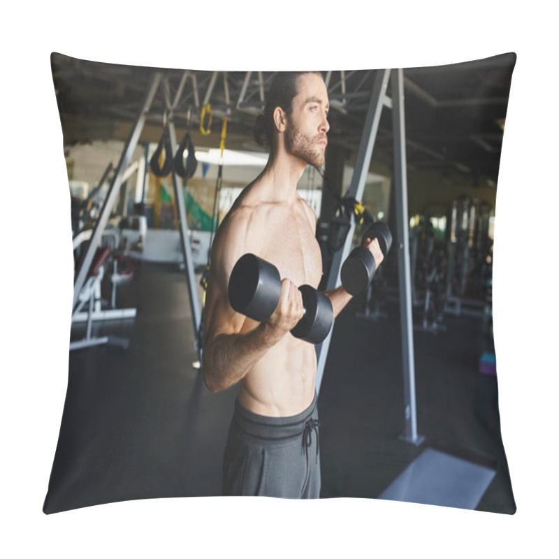 Personality  A Muscular Man In A Gym, Shirtless, Confidently Holds Two Dumbbells, Showcasing His Dedication To Strength Training. Pillow Covers