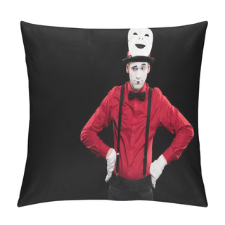 Personality  Grimacing Mime With Hands Akimbo And Mask On Hat Isolated On Black Pillow Covers
