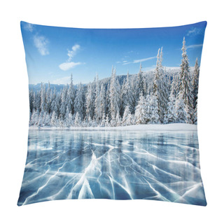 Personality  Blue Ice And Cracks On The Surface Of The Ice. Frozen Lake Under A Blue Sky In The Winter. The Hills Of Pines. Winter. Carpathian, Ukraine, Europe Pillow Covers