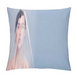 Personality  Panoramic Shot Of Model Covered With Polyethylene Looking At Camera Isolated On Grey, Ecology Concept Pillow Covers