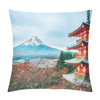 Personality  Mount Fuji And Chureito Pagoda At Sunrise In Autumn, Japan. The Pagoda Is In Arakura Sengen Shrine Where Tourist Can See Mt Fuji From Panoramic View, One Of The Most Famous View Of Fuji Mountain. Pillow Covers