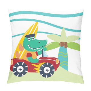 Personality  Cartoon Summer Holiday Background With Aligator Surfer With Cartoon Style. Creative Vector Childish Background For Fabric, Textile, Nursery Wallpaper, Poster, Card, Brochure. Vector Illustration Backg Pillow Covers