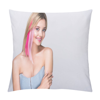 Personality  Happy Young Woman With Colored Hair Strands And Stylish Corset Isolated On Grey Pillow Covers