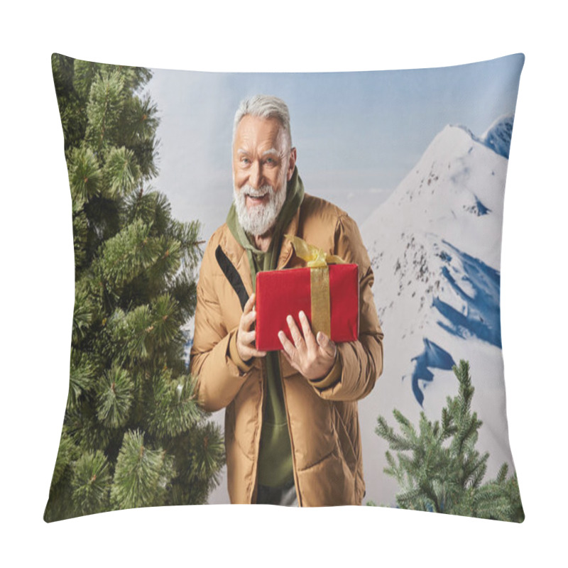 Personality  Joyous Santa With White Beard Holding Present Standing Next To Pine And Smiling At Camera, Winter Pillow Covers