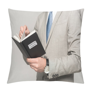 Personality  Cropped View Of Businessman Reading Book With Intellectual Property Title Isolated On Grey Pillow Covers